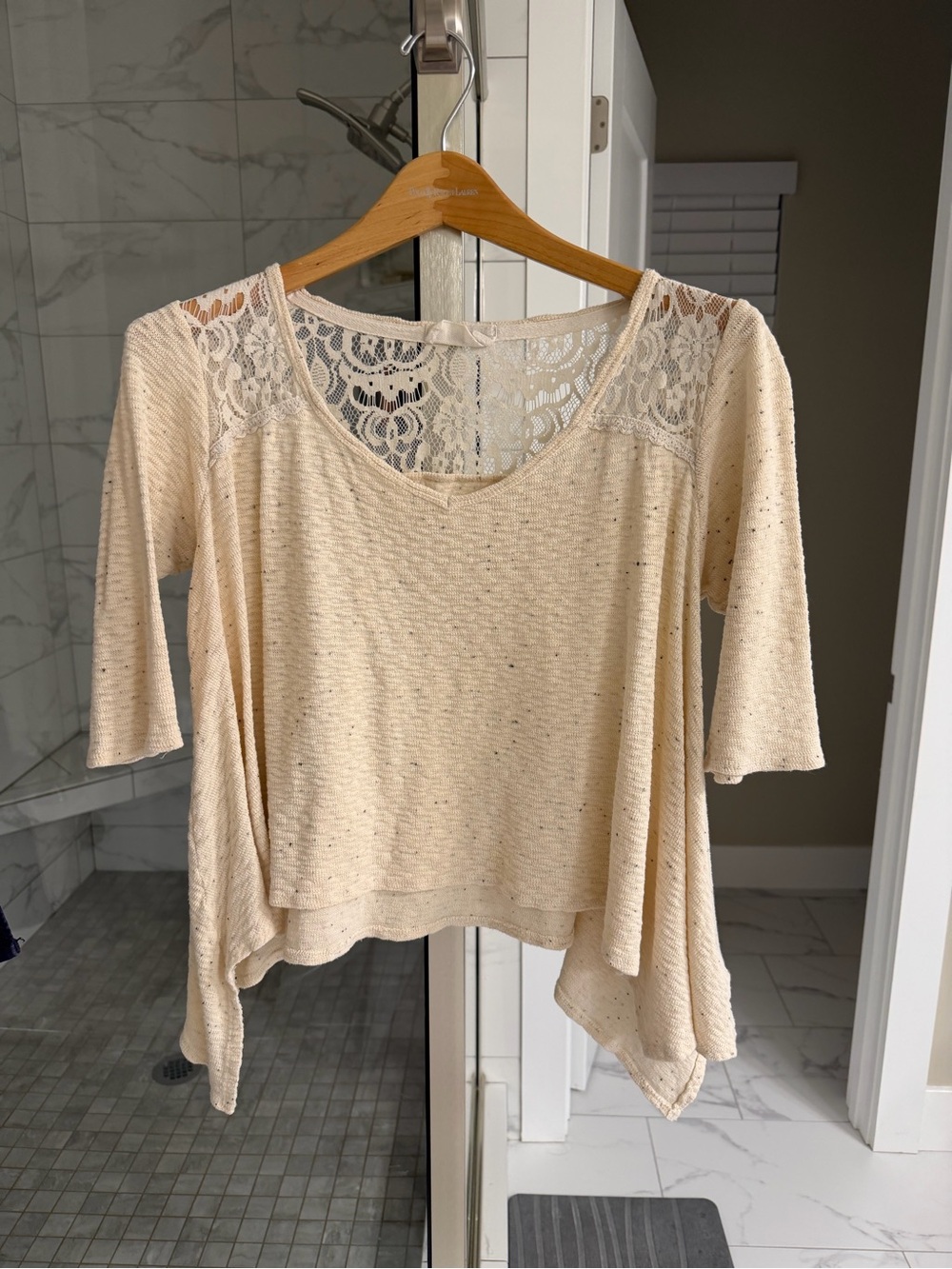 Anthropologie Everleigh Cream Lace-Yoke Draped Knit Top